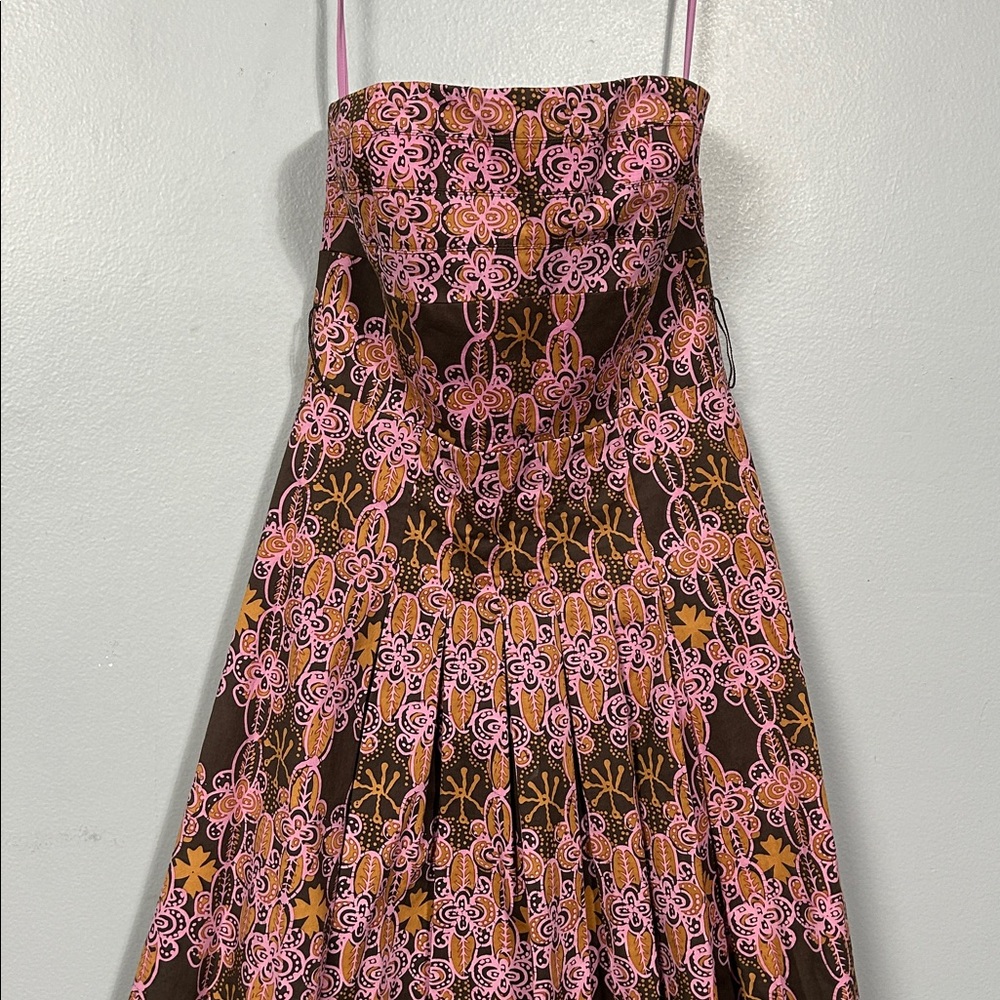 Vintage Kay Unger Strapless Pleated Skirt A-line midi dress size 2 print design